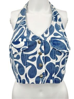 Vintage Paris Blues Psychedelic Pattern Denim Halter Crop Top S